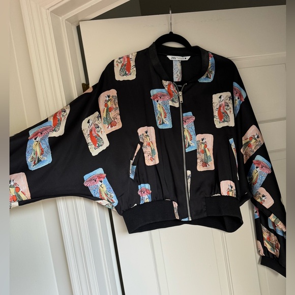 ZARA CROPPED SILKY BOMBER JACKET ASIAN GRAPHIC PRINT SIZE XL - Picture 2 of 5